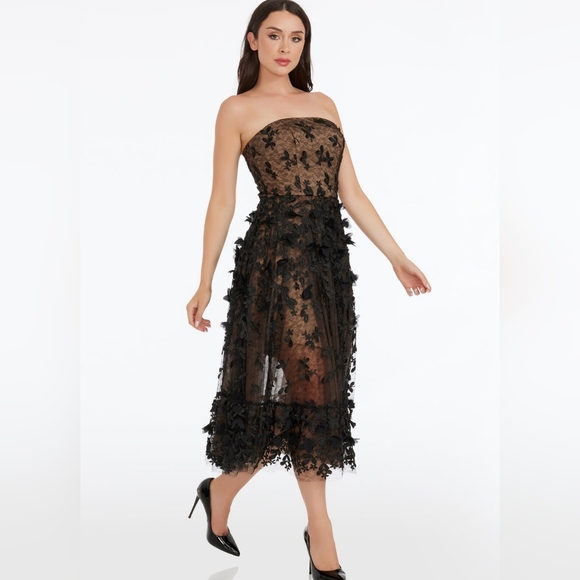 Dress The Population Lace Floral 3D Appliqué Strapless Cocktail Midi Black Dress - Picture 4 of 13